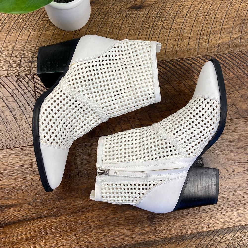 SAM EDELMAN 7 Womens Elita White Woven Leather Heeled Almond Toe Ankle Bootie - Picture 4 of 8